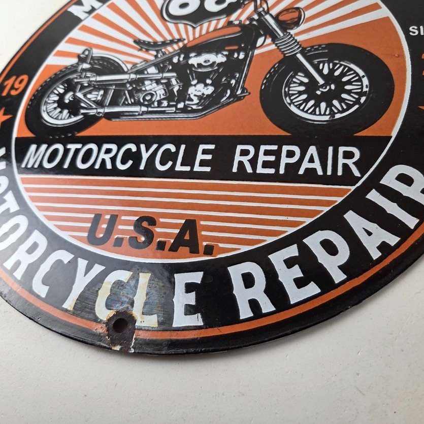 Vintage US Route 66 Sign - Porcelain Motorcycle Repair Gas Pump Sign - Image 14