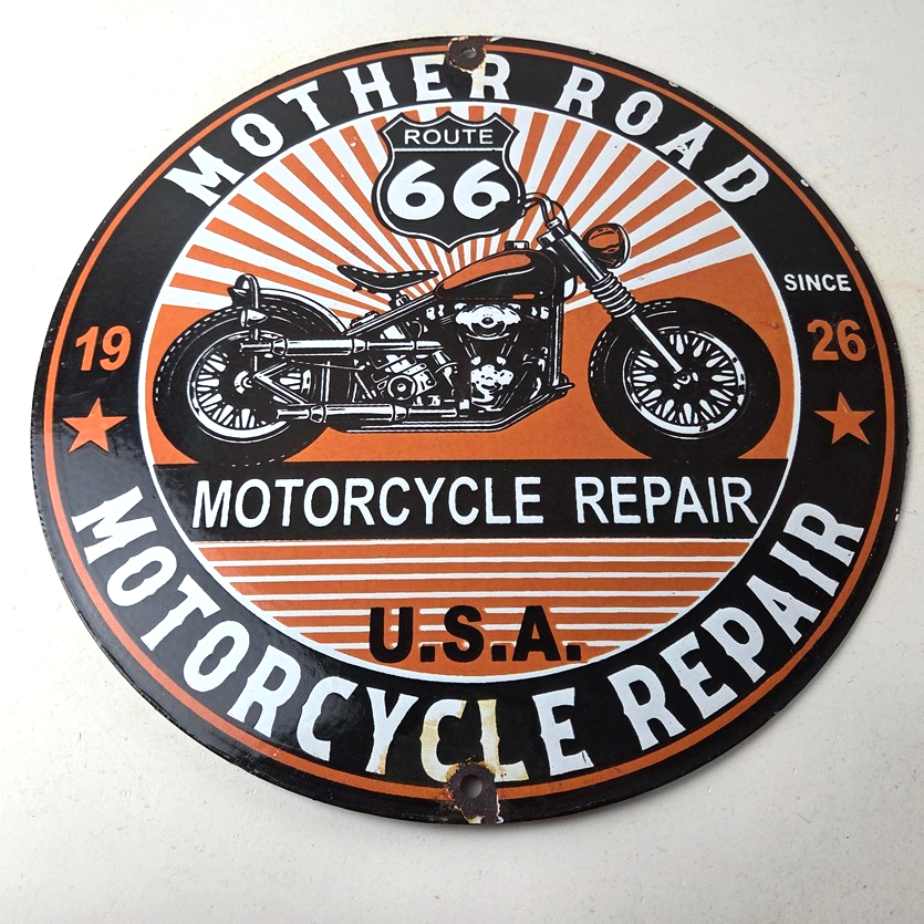 Vintage US Route 66 Sign - Porcelain Motorcycle Repair Gas Pump Sign - Image 15