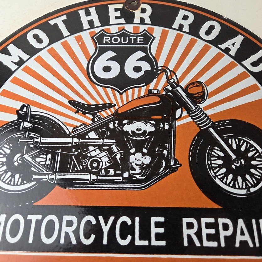 Vintage US Route 66 Sign - Porcelain Motorcycle Repair Gas Pump Sign - Image 3
