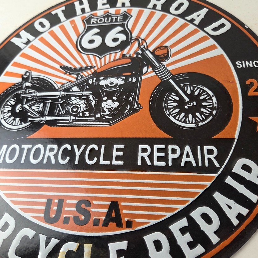Vintage US Route 66 Sign - Porcelain Motorcycle Repair Gas Pump Sign - Image 4