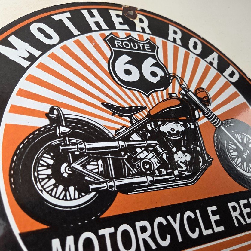 Vintage US Route 66 Sign - Porcelain Motorcycle Repair Gas Pump Sign - Image 5