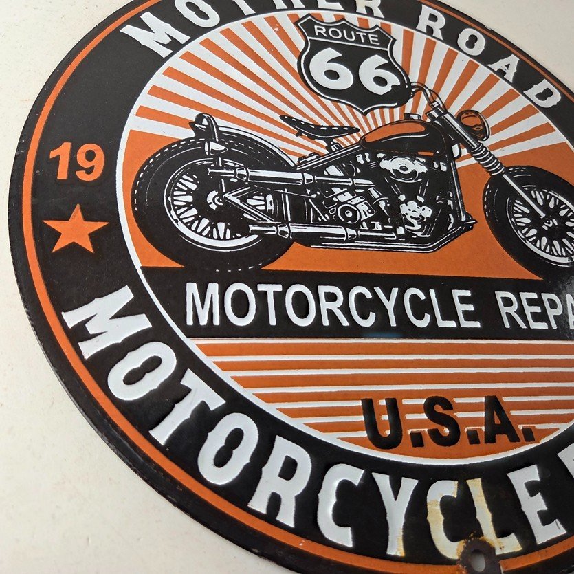 Vintage US Route 66 Sign - Porcelain Motorcycle Repair Gas Pump Sign - Image 6