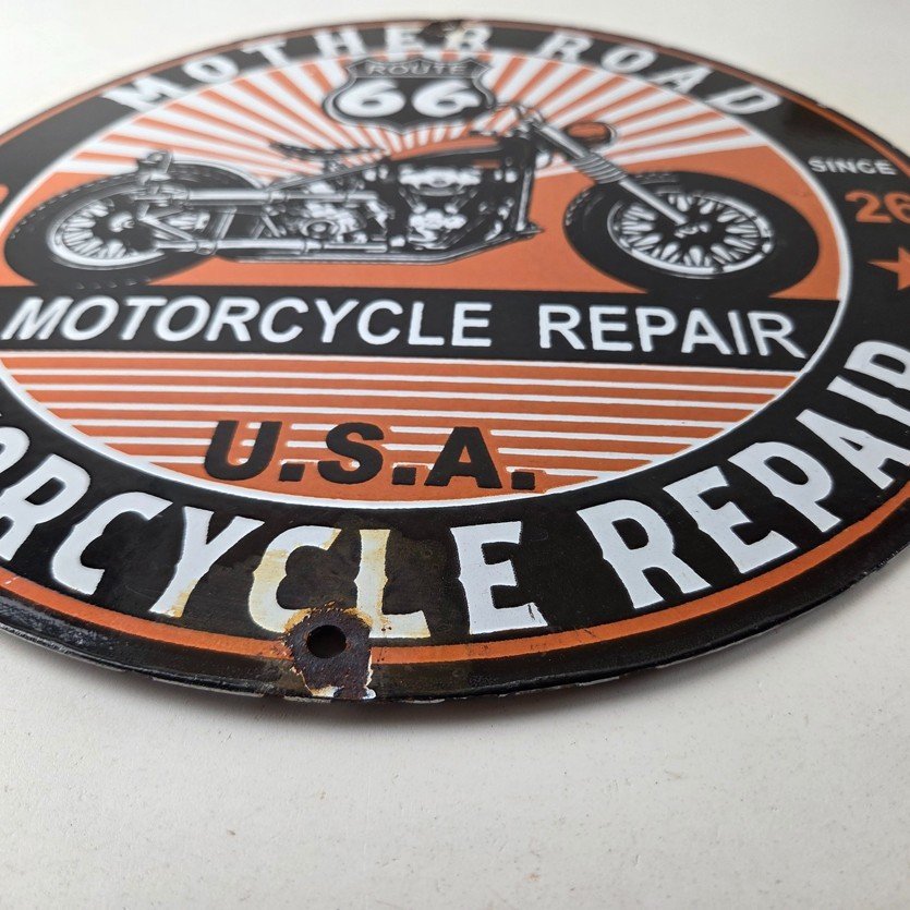 Vintage US Route 66 Sign - Porcelain Motorcycle Repair Gas Pump Sign - Image 10