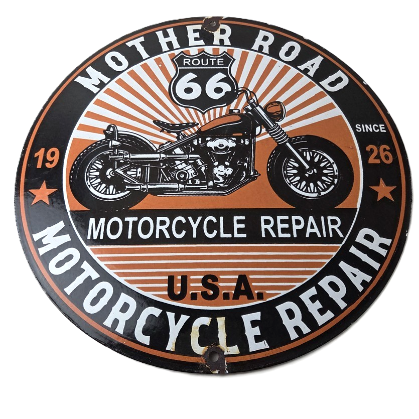 Vintage US Route 66 Sign - Porcelain Motorcycle Repair Gas Pump Sign