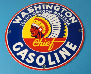 Vintage Washington Gasoline Sign Indian Chief Gas Porcelain Service Pump Sign 305852944700