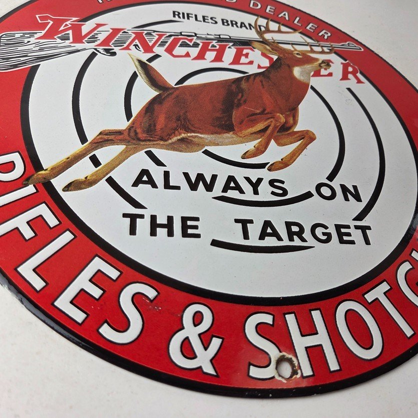 Vintage Winchester Sign - Rifles & Shotguns Firearms Gas Pump Porcelain Sign - Image 11