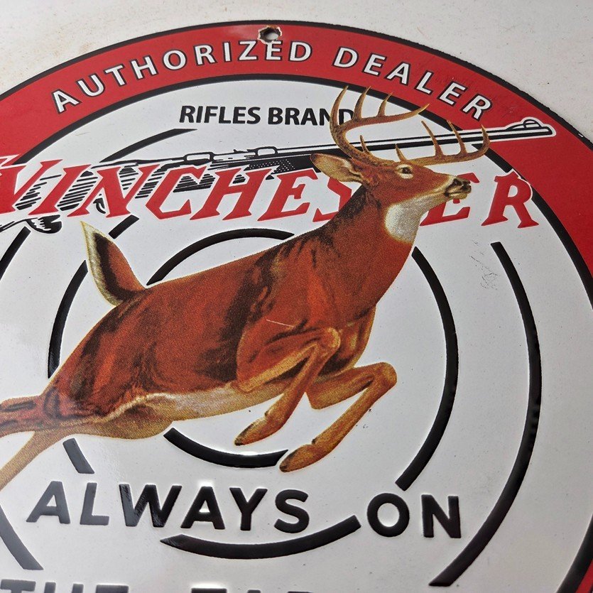 Vintage Winchester Sign - Rifles & Shotguns Firearms Gas Pump Porcelain Sign - Image 3