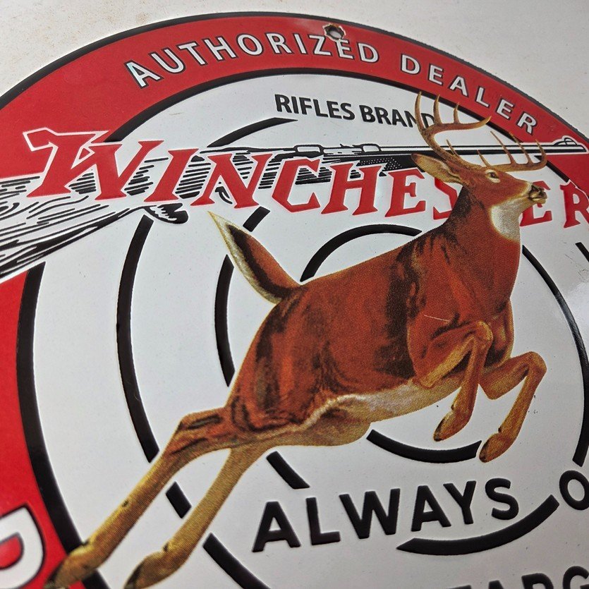 Vintage Winchester Sign - Rifles & Shotguns Firearms Gas Pump Porcelain Sign - Image 5