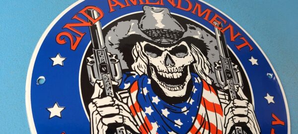 VINTAGE 2ND AMENDMENT PORCELAIN AMERICAN SKULL COWBOY HARLEY PISTOL GUN SIGN 305221548121 5