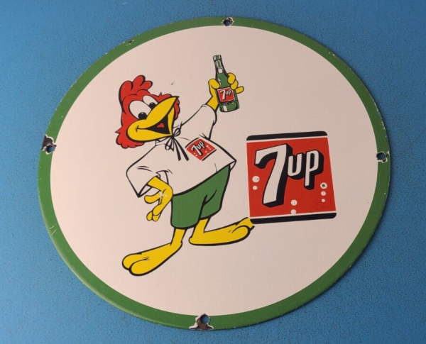 VINTAGE 7 UP PORCELAIN SODA BEVERAGE COCA COLA ROOSTER GAS SERVICE STATION SIGN 305769110921