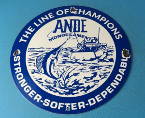 VINTAGE ANDE CHAMPION LINE PORCELAIN YDS FISHING ROD REEL TACKLE GAS PUMP SIGN 305219261221