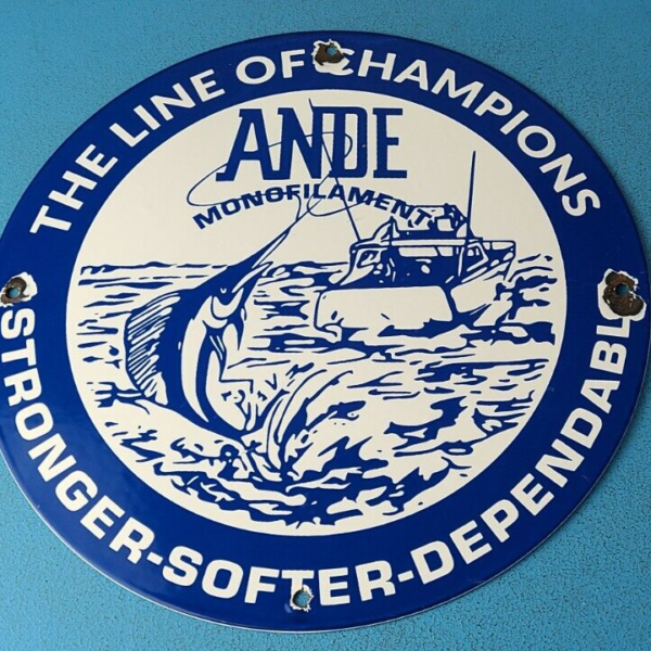 VINTAGE ANDE CHAMPION LINE PORCELAIN YDS FISHING ROD REEL TACKLE GAS PUMP SIGN 305219261221