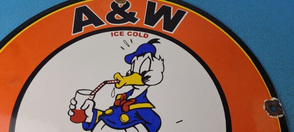 VINTAGE AW PORCELAIN ROOT BEER BEVERAGE SODA DONALD DUCK GAS PUMP SIGN 305772755561 2