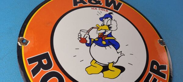 VINTAGE AW PORCELAIN ROOT BEER BEVERAGE SODA DONALD DUCK GAS PUMP SIGN 305772755561 5