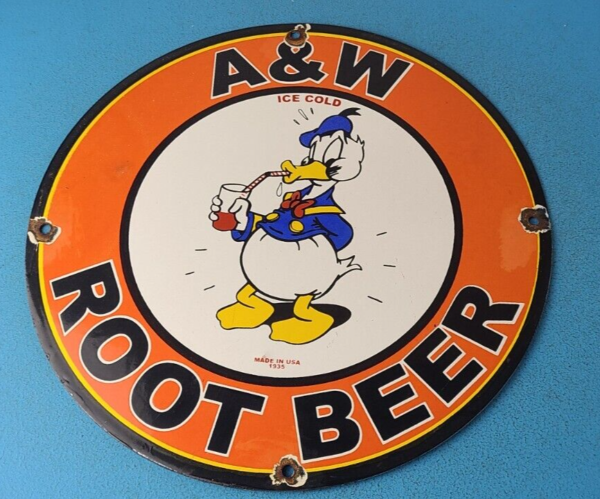 VINTAGE AW PORCELAIN ROOT BEER BEVERAGE SODA DONALD DUCK GAS PUMP SIGN 305772755561