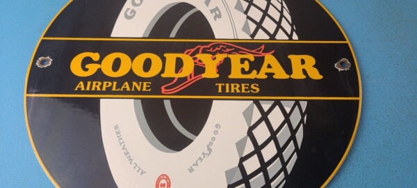 VINTAGE GOODYEAR TIRES PORCELAIN GAS AVIATION AIRPLANE ALL WEATHER SERVICE SIGN - Image 4