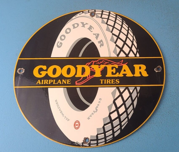 VINTAGE GOODYEAR TIRES PORCELAIN GAS AVIATION AIRPLANE ALL WEATHER SERVICE SIGN