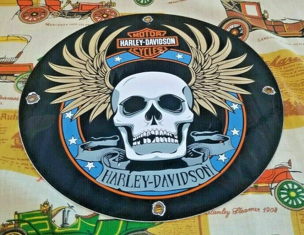 VINTAGE HARLEY DAVIDSON MOTORCYCLE PORCELAIN GAS AUTO BIKE SALES SKULL PUMP SIGN 305896151011