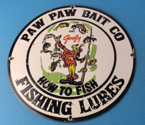 VINTAGE PAW PAW BAIT PORCELAIN GOOFY FISHING SALES LURES DISNEY GAS PUMP SIGN 305217222421