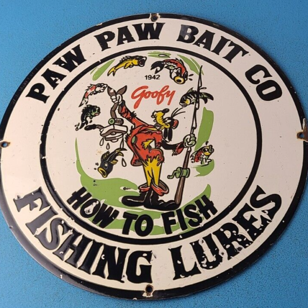 VINTAGE PAW PAW BAIT PORCELAIN GOOFY FISHING SALES LURES DISNEY GAS PUMP SIGN 305217222421