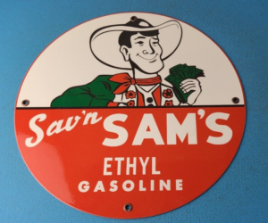 VINTAGE SAVN SAMS ETHYL GASOLINE PORCELAIN GAS SERVICE STATION PUMP PLATE SIGN 305895149451