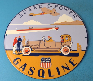 VINTAGE UNION SPEED POWER PORCELAIN GASOLINE AVIATION COAST SERVICE GAS SIGN 305859379501