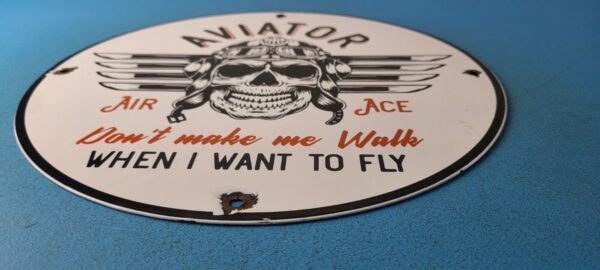 Vintage Air Ace Sign Fly Aviation Aviator Skull Service Gas Porcelain Sign