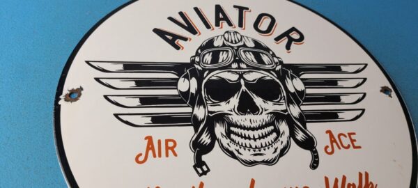 Vintage Air Ace Sign Fly Aviation Aviator Skull Service Gas Porcelain Sign