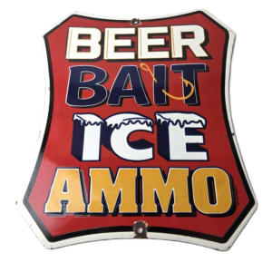 Vintage Beer Bait ICE Ammo Porcelain Sign - Bait Shop Gas Station Sign