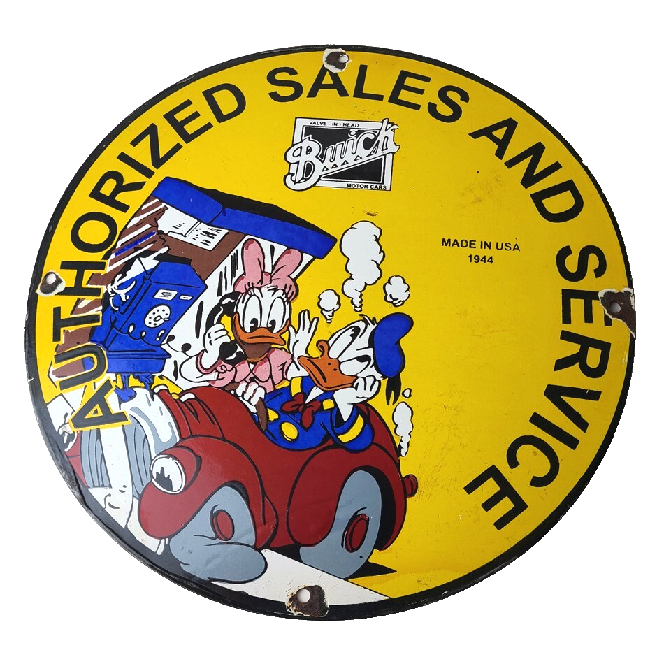 Vintage Buick Automobiles Sign - Donald Duck Porcelain Auto Gas Pump Sign