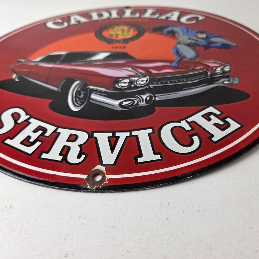 Vintage Cadillac Service Sign - Batman DC Comics Gas Pump Plate Porcelain Sign - Image 11