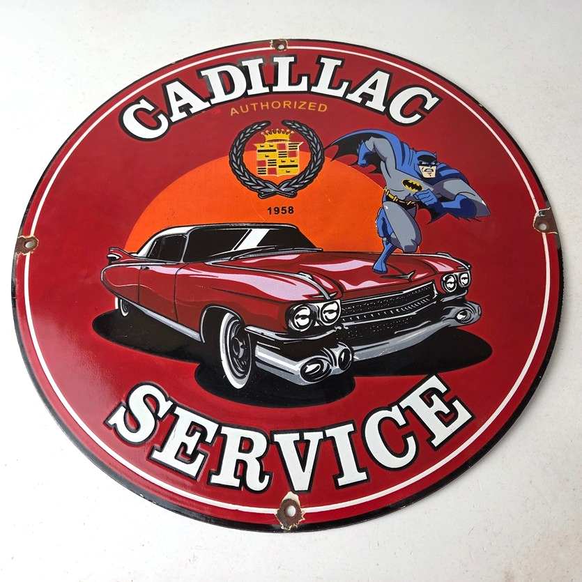 Vintage Cadillac Service Sign - Batman DC Comics Gas Pump Plate Porcelain Sign - Image 15