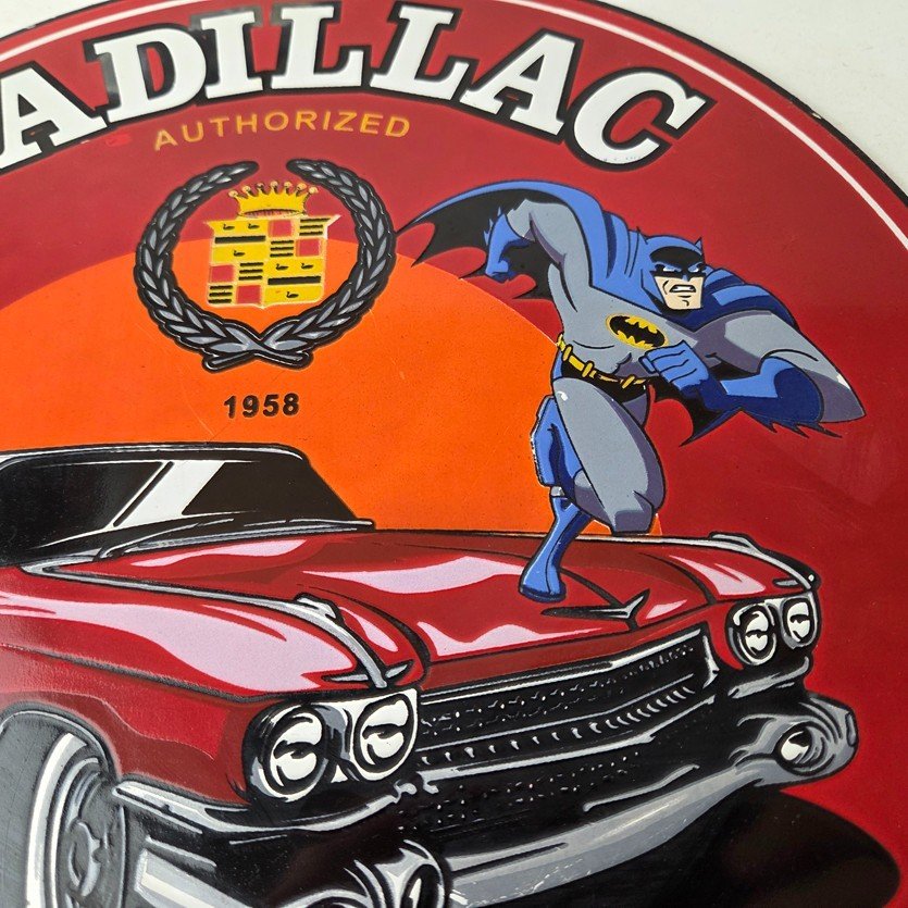 Vintage Cadillac Service Sign - Batman DC Comics Gas Pump Plate Porcelain Sign - Image 3
