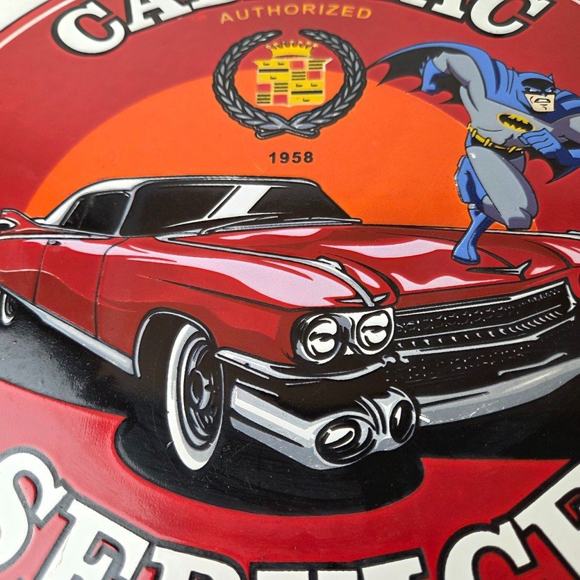 Vintage Cadillac Service Sign - Batman DC Comics Gas Pump Plate Porcelain Sign - Image 4