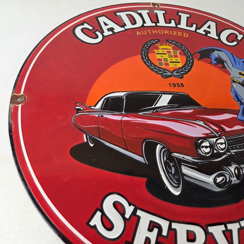 Vintage Cadillac Service Sign - Batman DC Comics Gas Pump Plate Porcelain Sign - Image 6