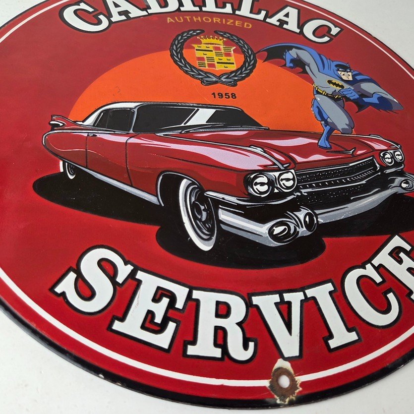 Vintage Cadillac Service Sign - Batman DC Comics Gas Pump Plate Porcelain Sign - Image 7