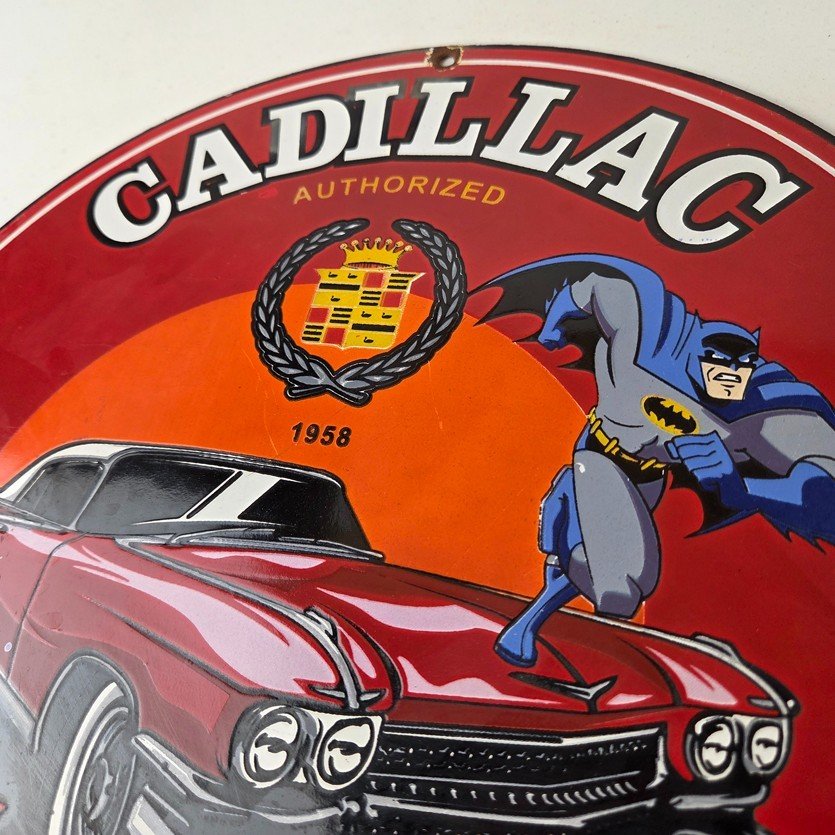 Vintage Cadillac Service Sign - Batman DC Comics Gas Pump Plate Porcelain Sign - Image 8