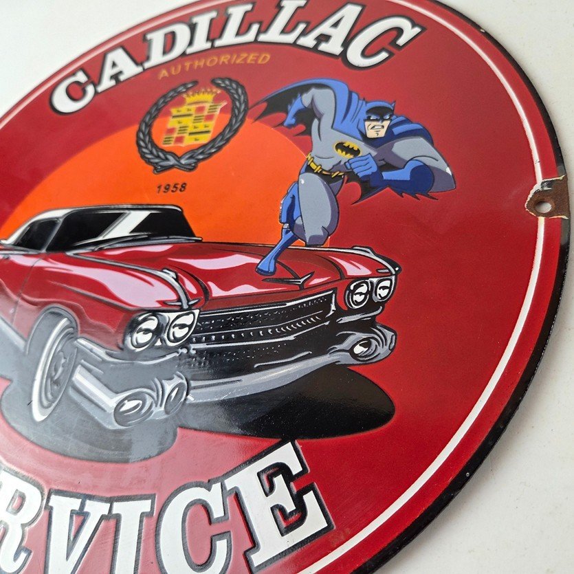 Vintage Cadillac Service Sign - Batman DC Comics Gas Pump Plate Porcelain Sign - Image 9