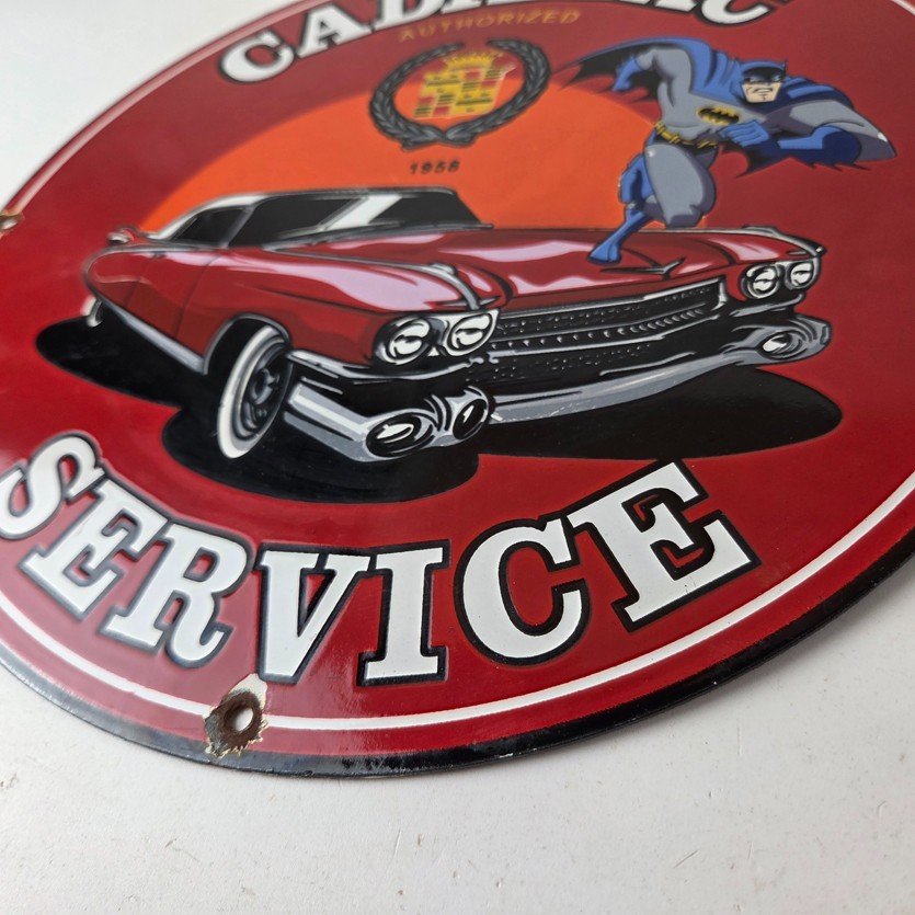 Vintage Cadillac Service Sign - Batman DC Comics Gas Pump Plate Porcelain Sign - Image 10