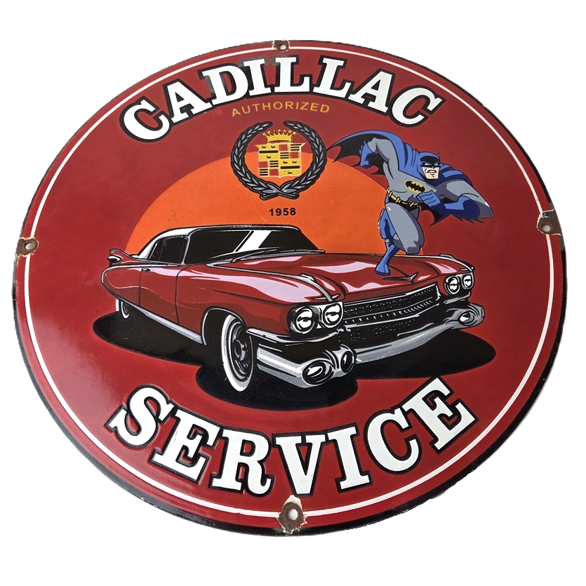 Vintage Cadillac Service Sign - Batman DC Comics Gas Pump Plate Porcelain Sign