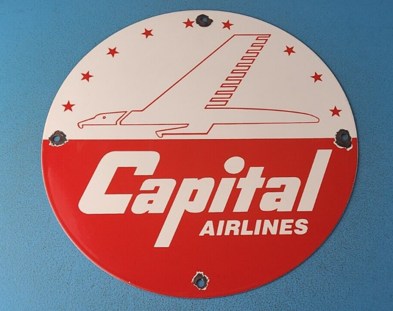 Vintage Capital Airlines Sign United Aviation DC 3 Gas Pump Porcelain Sign 306058536551