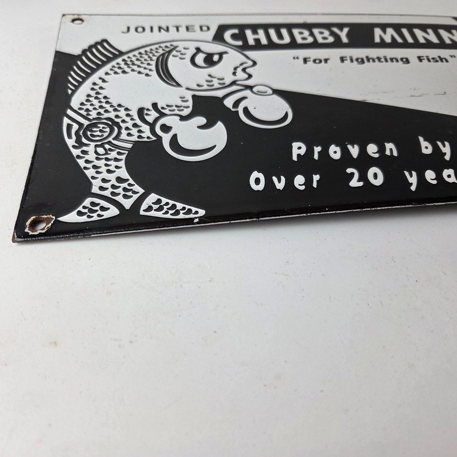 Vintage Chubby Minnow Sign - Fishing Lure Advertisement Porcelain Gas Pump Sign - Image 11