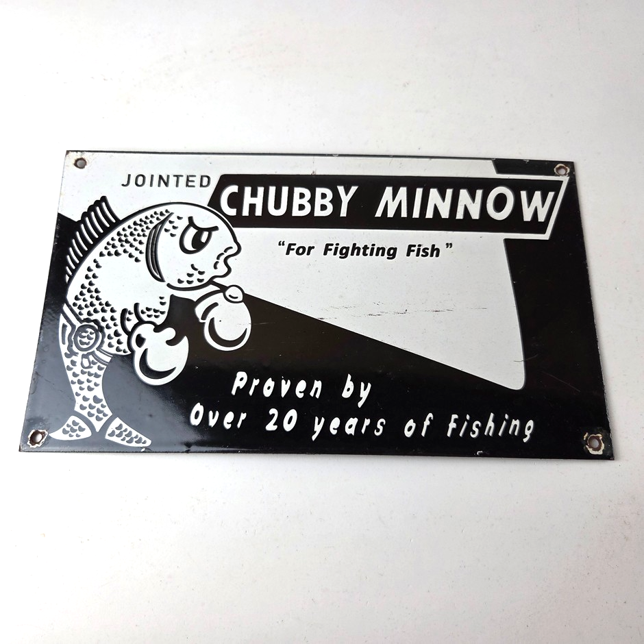 Vintage Chubby Minnow Sign - Fishing Lure Advertisement Porcelain Gas Pump Sign - Image 12
