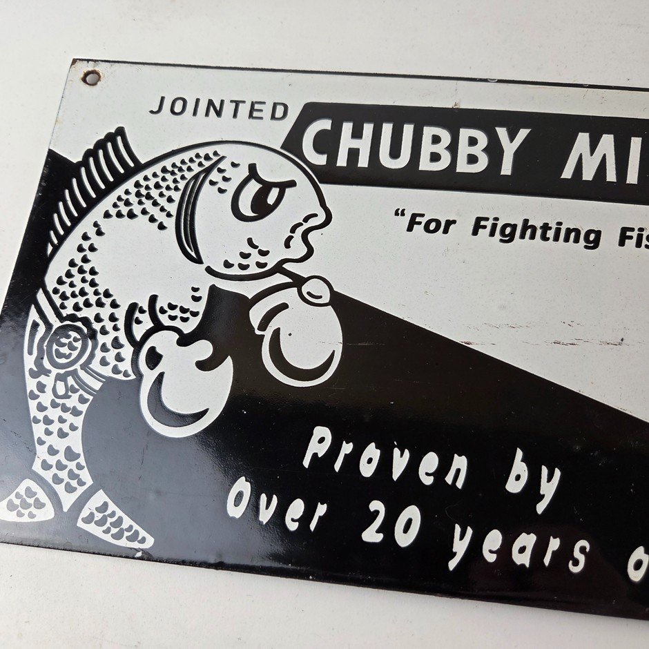 Vintage Chubby Minnow Sign - Fishing Lure Advertisement Porcelain Gas Pump Sign - Image 3