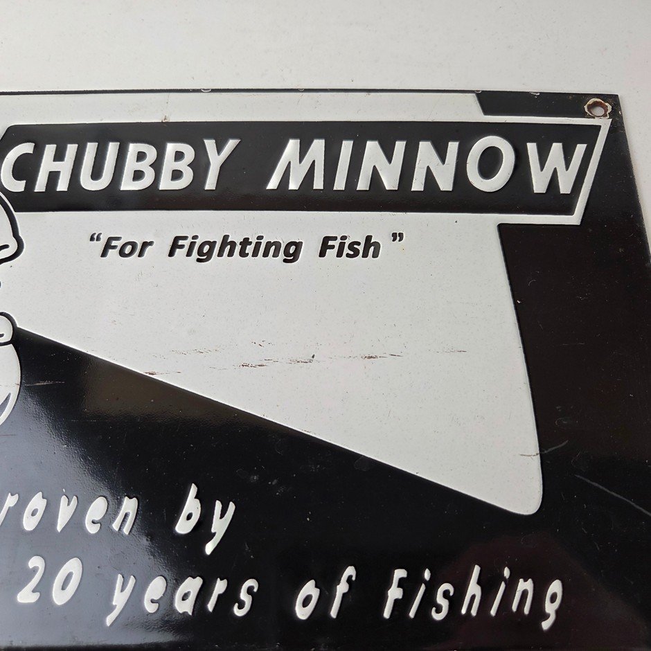 Vintage Chubby Minnow Sign - Fishing Lure Advertisement Porcelain Gas Pump Sign - Image 4