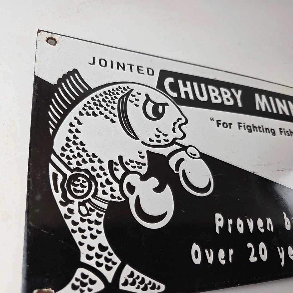 Vintage Chubby Minnow Sign - Fishing Lure Advertisement Porcelain Gas Pump Sign - Image 5