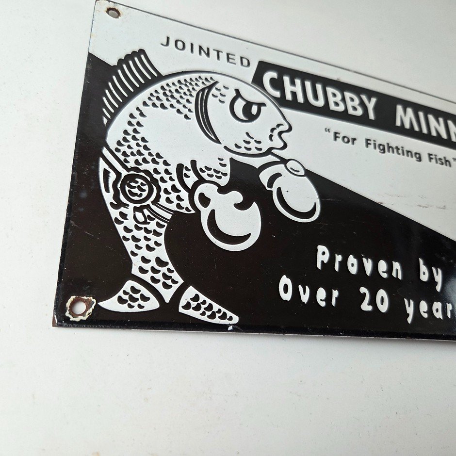 Vintage Chubby Minnow Sign - Fishing Lure Advertisement Porcelain Gas Pump Sign - Image 6