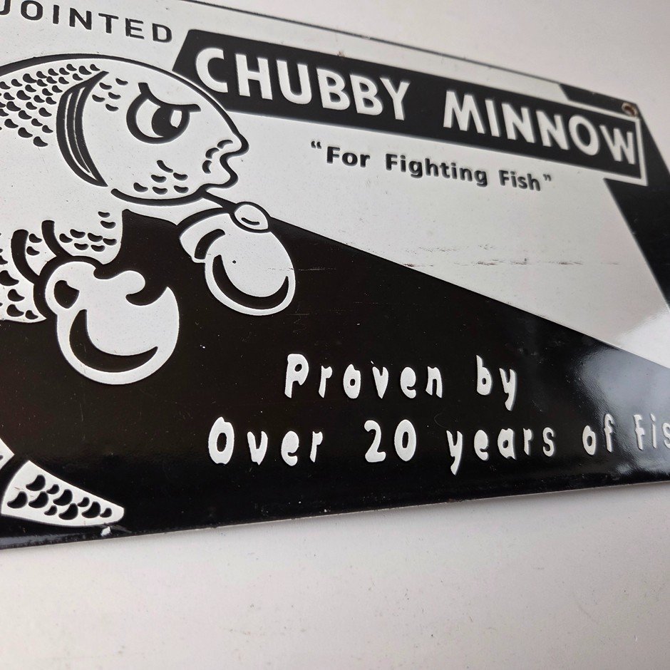 Vintage Chubby Minnow Sign - Fishing Lure Advertisement Porcelain Gas Pump Sign - Image 7