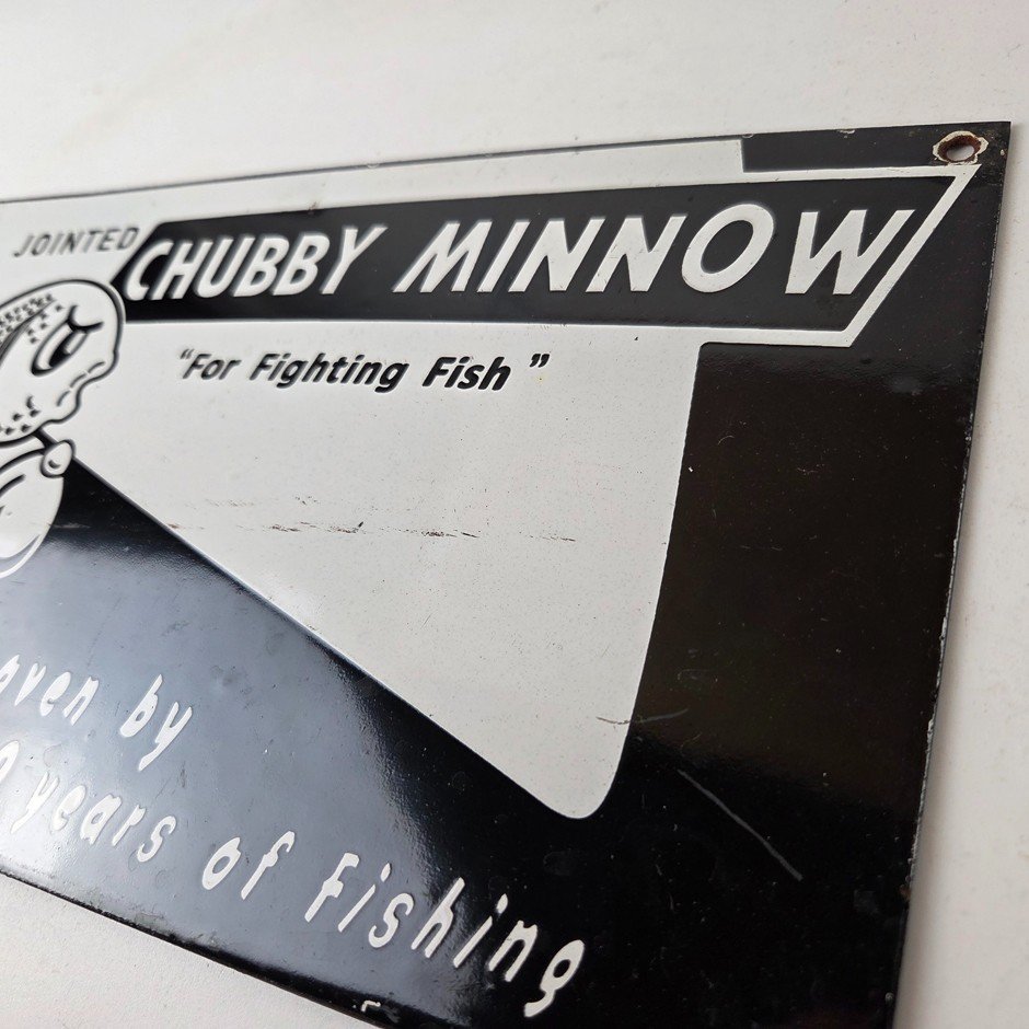Vintage Chubby Minnow Sign - Fishing Lure Advertisement Porcelain Gas Pump Sign - Image 8