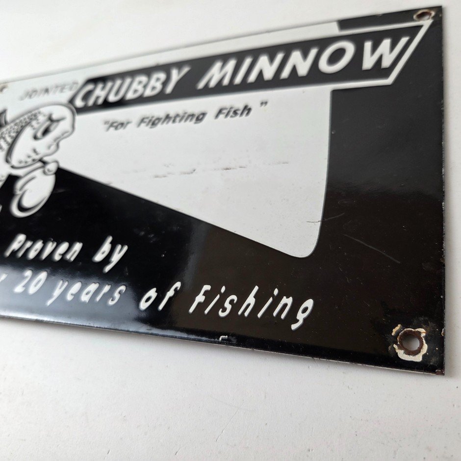 Vintage Chubby Minnow Sign - Fishing Lure Advertisement Porcelain Gas Pump Sign - Image 9